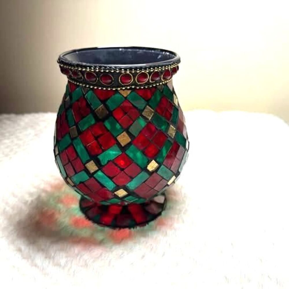Vintage Red and Green Mosaic Glass Candle Holder